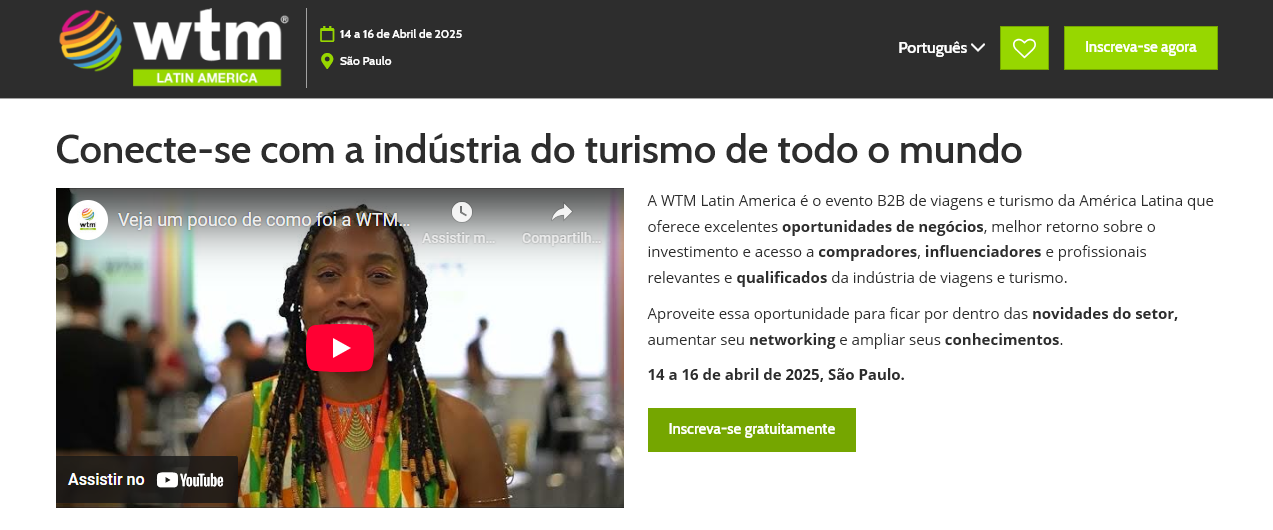 Recife Expo Center participa de rodadas de negócios no Rio de Janeiro e São Paulo 2 Print da tela do site da WTM chamando o público para se inscrever no evento junto com um vídeo institucional que mostra a edição de 2024. Evento que o Recife Expo Center irá participar, assim como marcou presença no Speed Meeting.