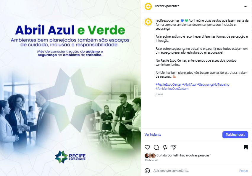 RECIFE EXPO CENTER GANHA ILUMINAÇÃO ESPECIAL EM APOIO AO AUTISMO E À SEGURANÇA NO TRABALHO 3 Autismo e Segurança no trabalho: post da campanha do Recife Expo Center.