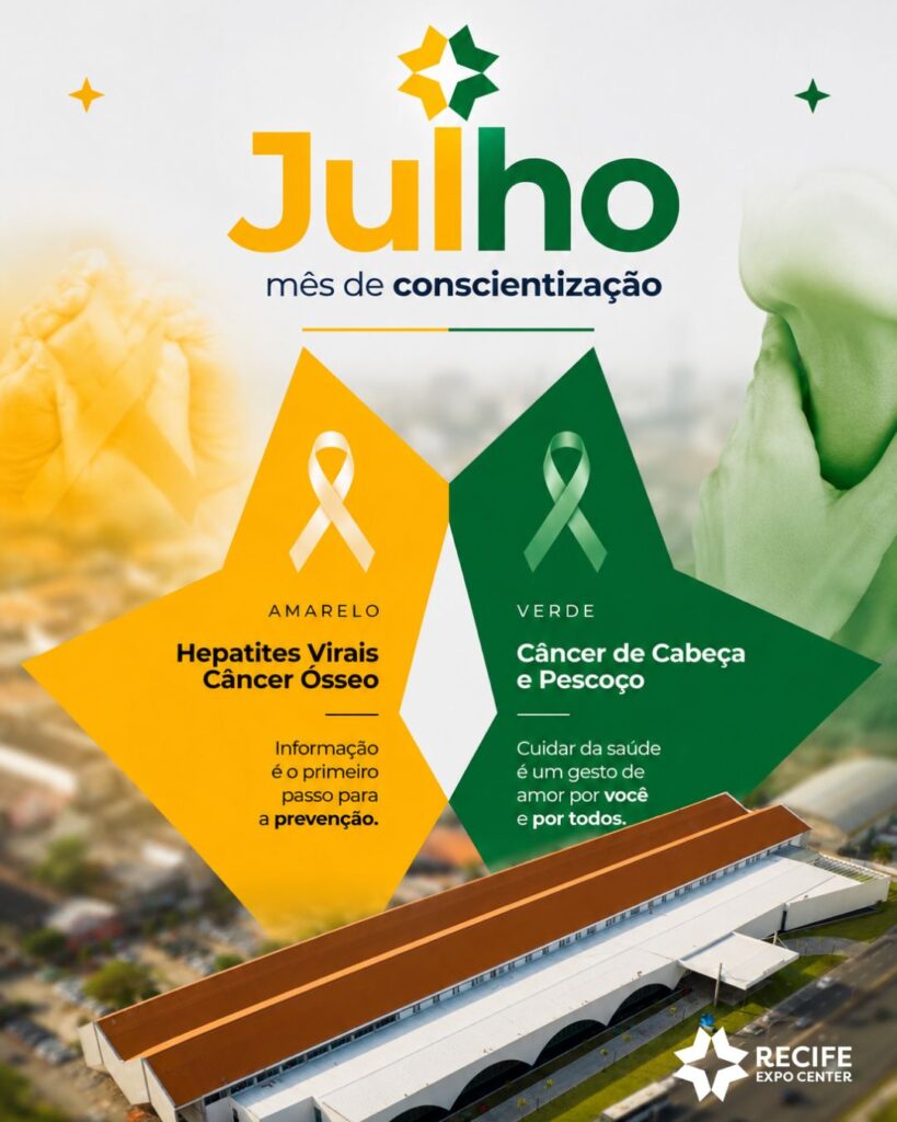 Recife Expo Center ilumina fachada nas cores verde e amarelo em apoio às campanhas de conscientização de julho 1 WhatsApp Image 2026 07 06 at 11.55.39